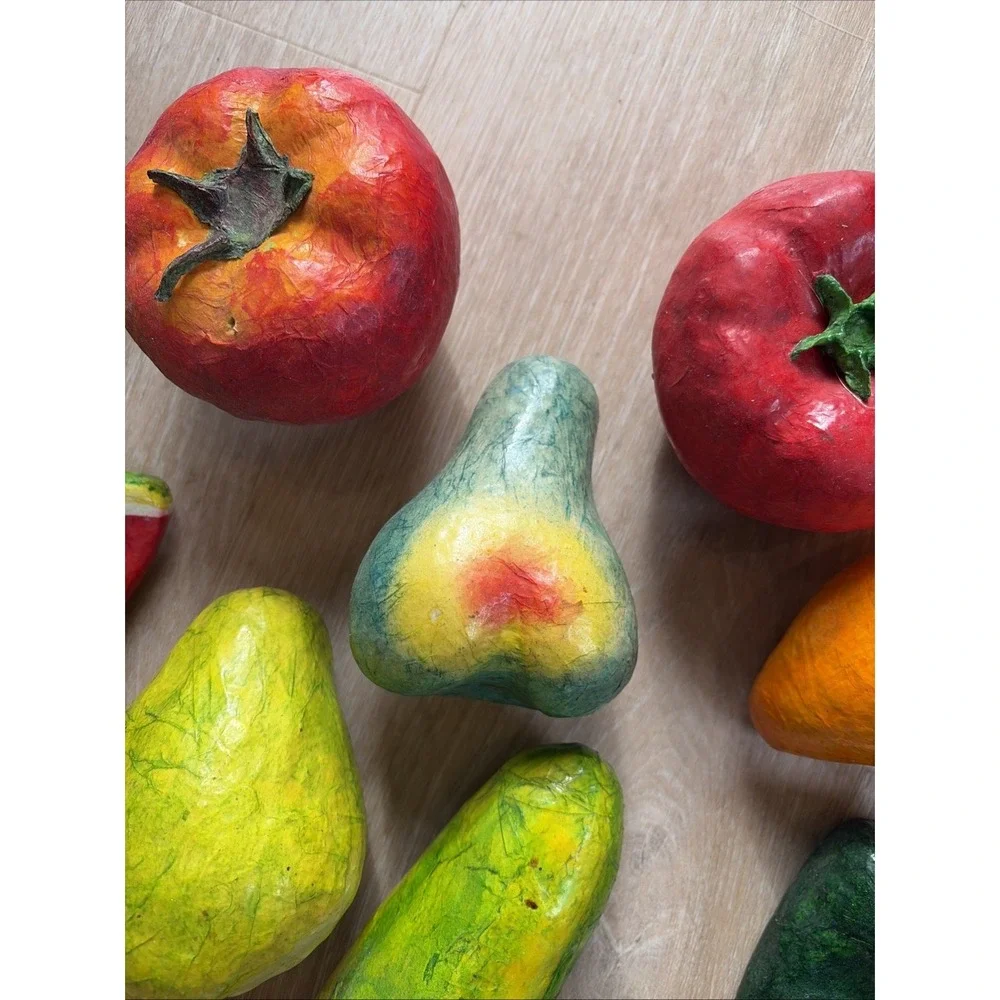 Vintage Paper Mache Fruit‎ And Vegetables Set Of 16 Colorful And Funky + Basket